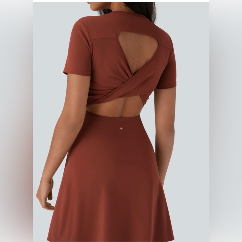 HALARA Cut Out Flare Mini Dance Active Dress D-F Cups Size L Brandy Brown NWT - Picture 3 of 7